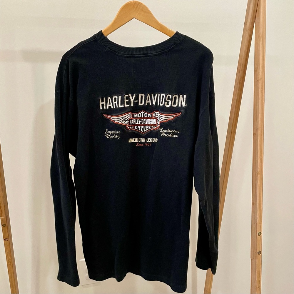 Vintage Harley Davidson Embroidered Henley Thermal Long Sleeve Top in Black